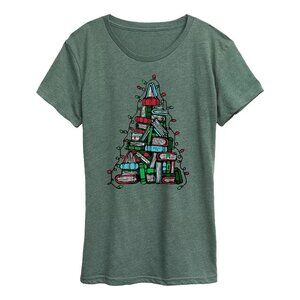 Women's Medium Book Christmas Tree Lights Graphic Tee Librarian Reader